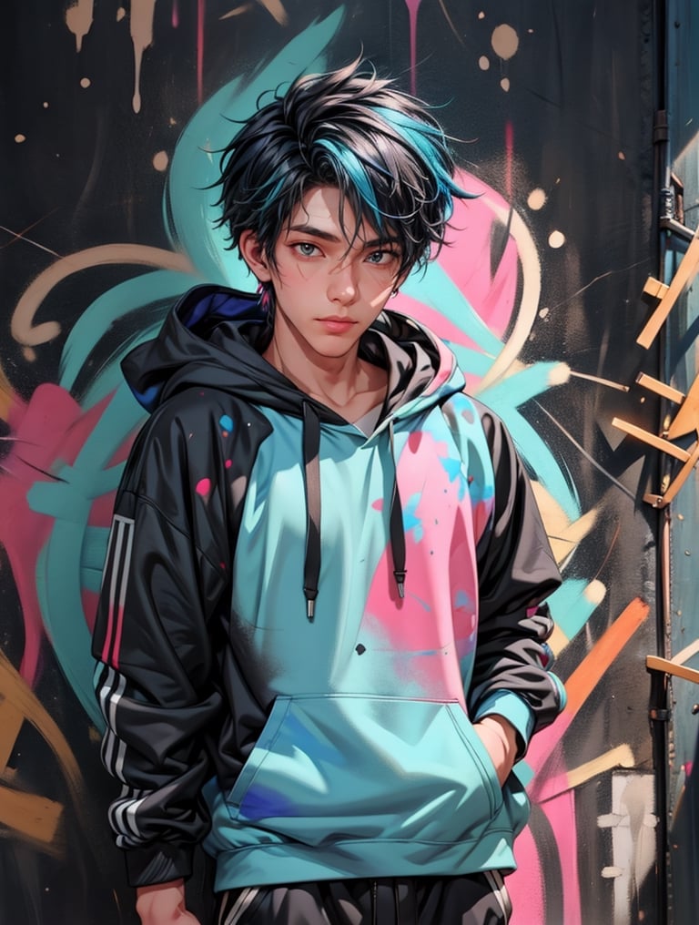 Craft a 2.5D ultra-detailed realistic image of a handsome man with black and blue hair wearing a vibrant, colorful hoodie. Surround the figure with glowing paint splatters and place him against a backdrop of graffiti-covered walls for an artistic urban feel.,1boy,boy