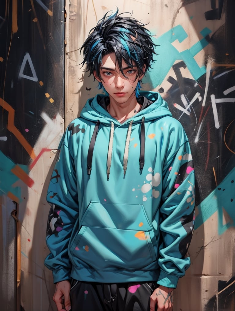 Craft a 2.5D ultra-detailed realistic image of a handsome man with black and blue hair wearing a vibrant, colorful hoodie. Surround the figure with glowing paint splatters and place him against a backdrop of graffiti-covered walls for an artistic urban feel.,1boy,boy