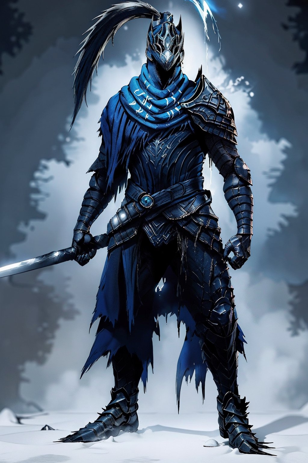 artorias the abyss, dark and night sky, hollow, full body, giant sif wolf, dark power aura, mist , blue cap and scarf 