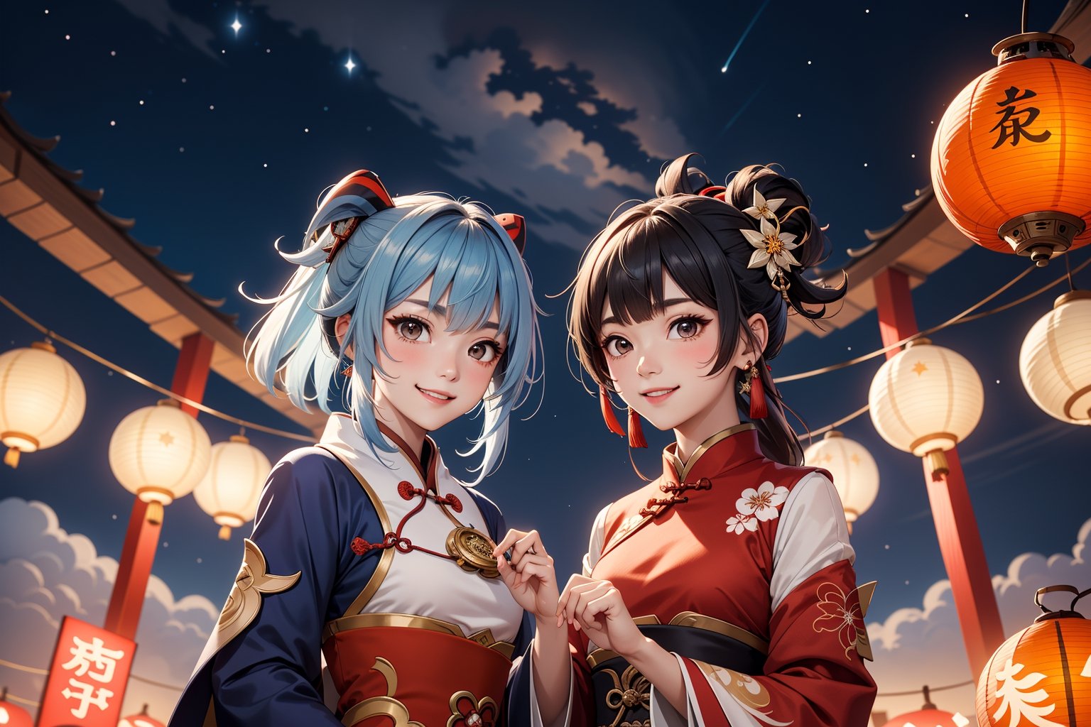 ganyu_(genshin_impact), liyue, nightsky, lantern, cloud, smile, chinese_clothes, star, focus on face