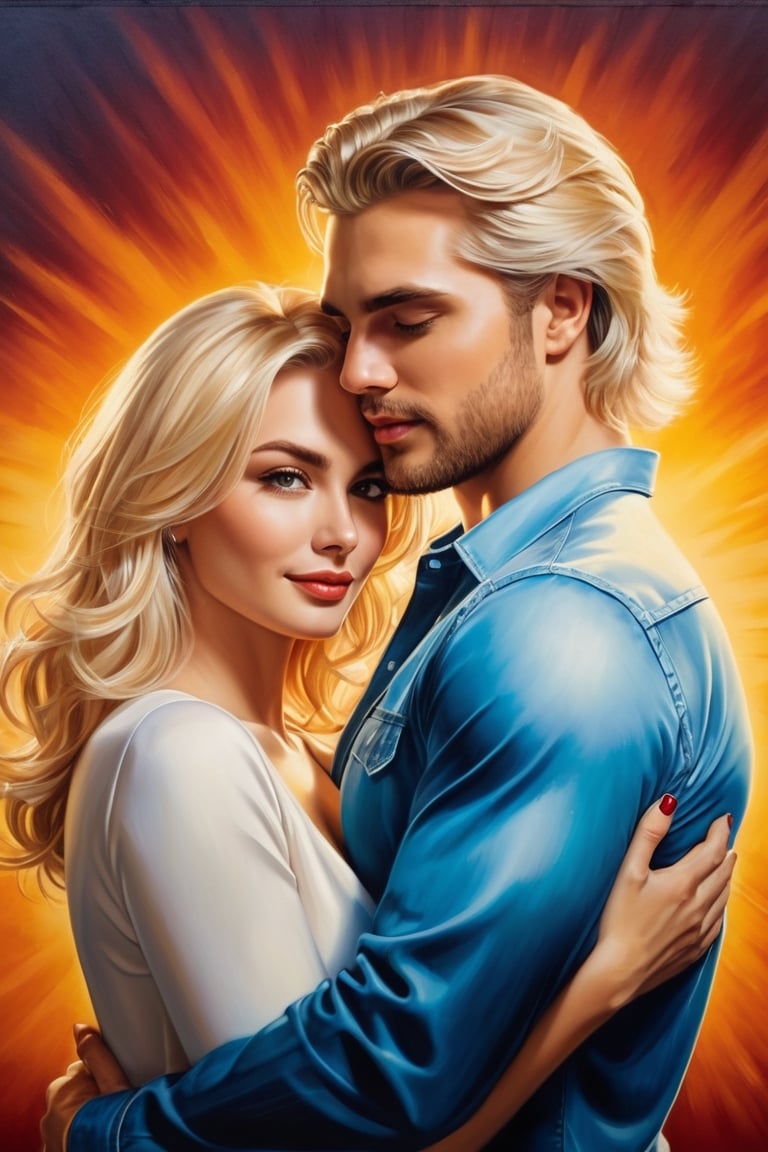 Oil painting, airbrush, Light-haired man hugging light-haired woman, beautiful couple , matching background, comic art