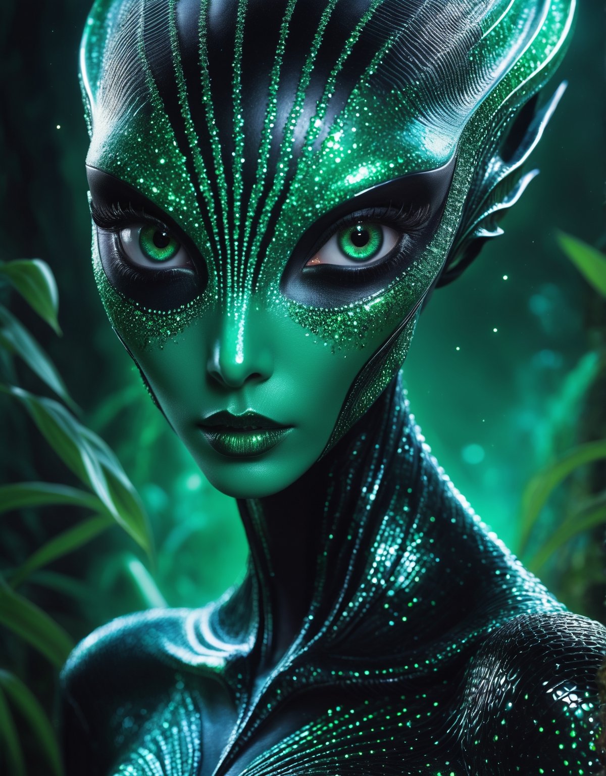 professional photography, very beautiful sophisticated alien with big dark green alien sparkling eyes, long eyelashes, elongated corners of the eyes, black contour, fantastically beautiful, fabulously detailed, Dark botanical, hyperrealism, fantastic, sparks, mystical landscape, drawing, cinematic, long exposure, low viewing angle, 5d, Quad HD, Clear