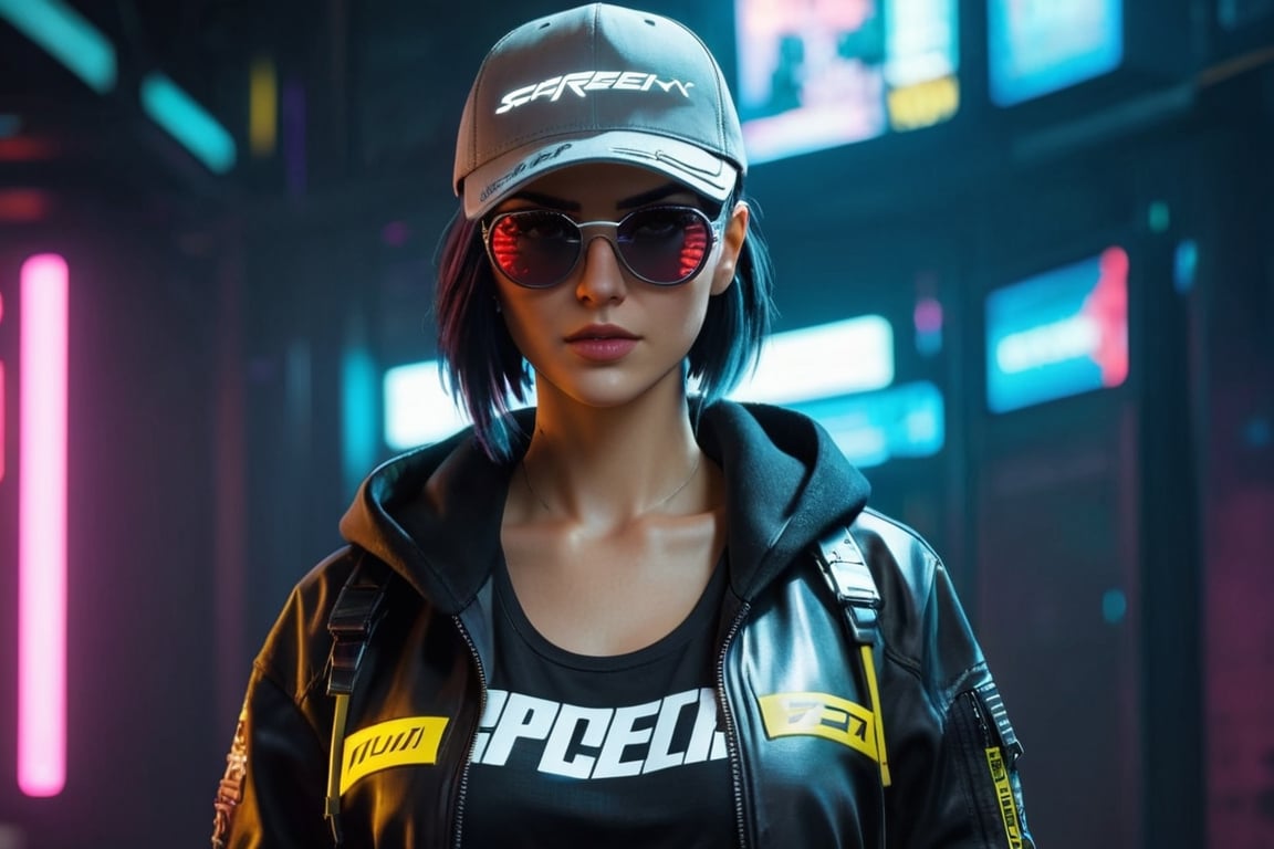 A beautiful cyberpunk hacker woman in gray glasses, a jacket with a cap, short dark hair, half in a T-shirt, torn jeans cyberpunk 2077