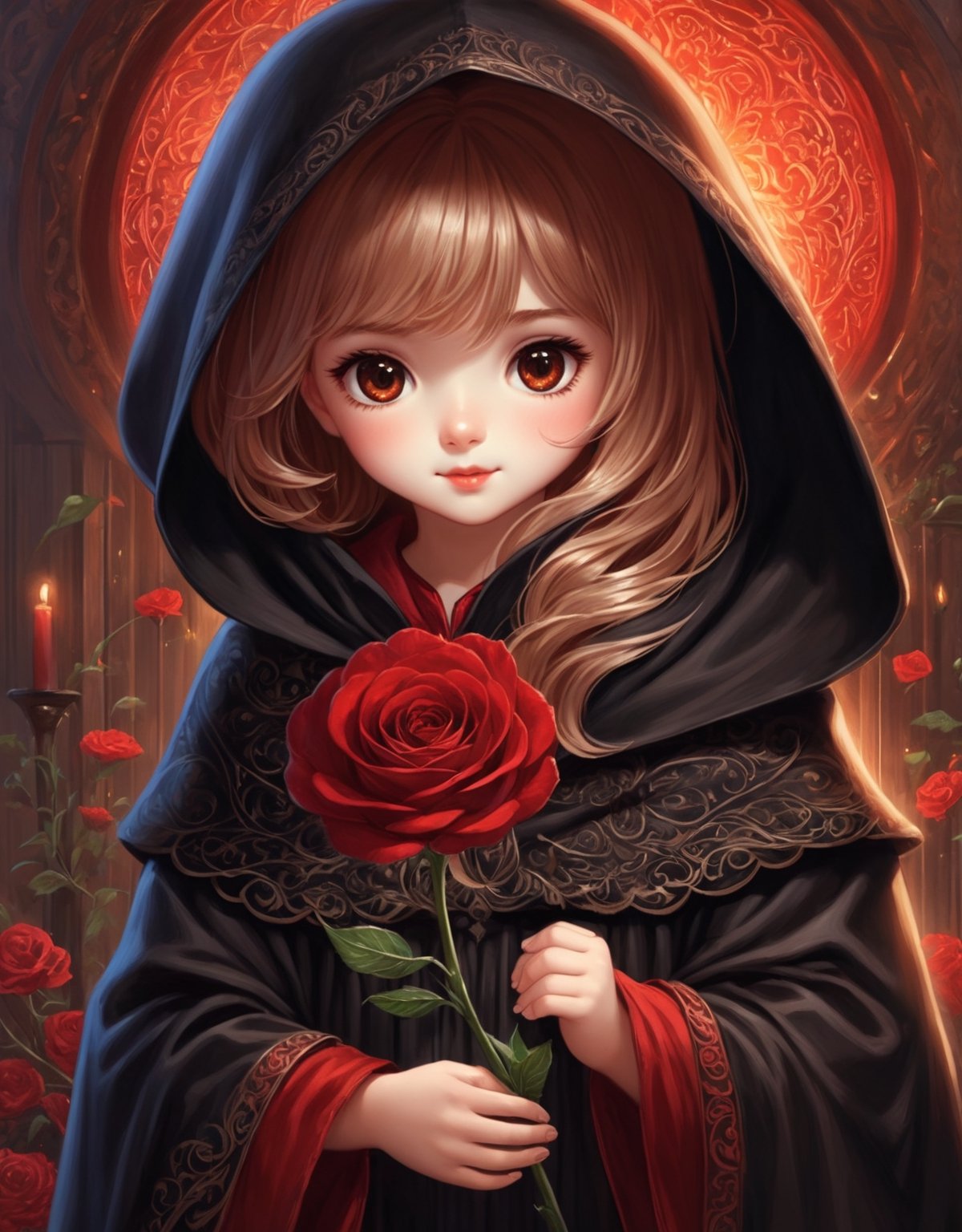 Cute, tall good spirit of the reaper, black cloak, holding out a beautiful lush red rose, a little cute girl of five years old, warm atmosphere, kindness, filigree drawing of small details, high detail