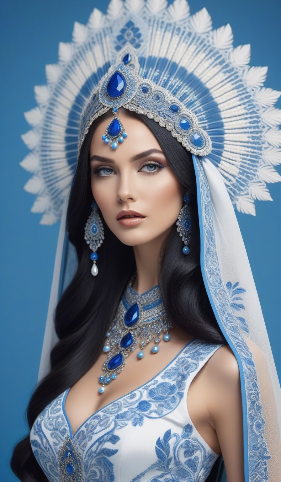 elegant, graceful female model with long black hair, in an intricate headdress and extravagant outfit, complex gzhel patterns (blue, light blue, white), neutral background, bright lighting, contrasting shadows and lights, clear details, realism, photo quality
