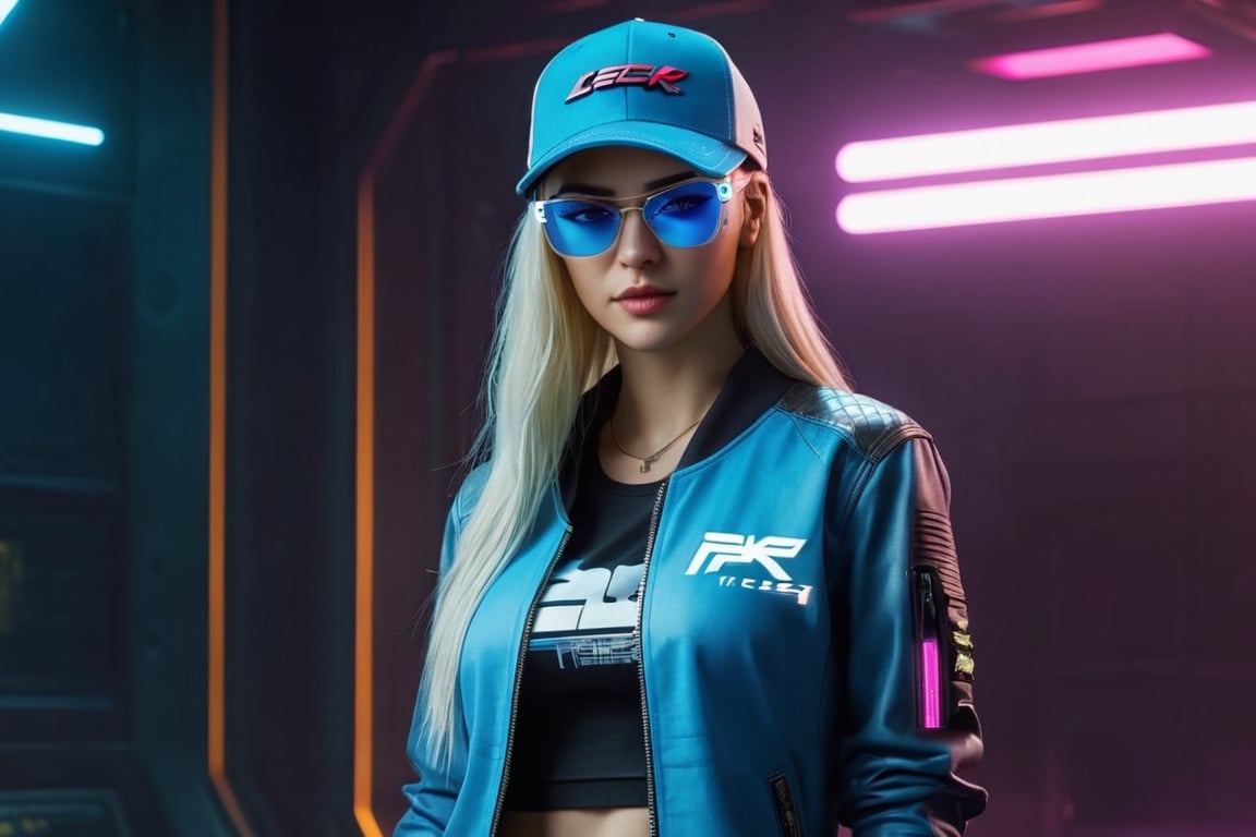 A beautiful cyberpunk hacker woman with blue glasses, a jacket with a cap, long blond hair, half in a T-shirt, torn jeans cyberpunk 2077