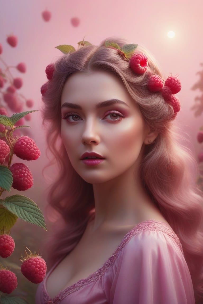 conceptual portrait, ultra-realistic, art helga, art nerd, fantasy. In the background there is a beautiful blooming raspberry in a hazy pink haze, in the foreground there are flying berries, contrast, fantastic lighting, high resolution, high detail, fantasy, mysticism, ephemerality