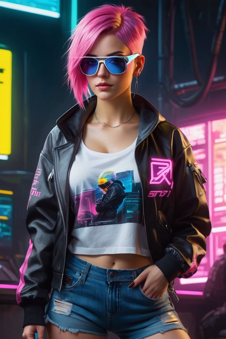 Oil painting, airbrushing, Pretty white female cyberpunk hacker in sunglasses, jacket with cap, short pink hair, half in T-shirt, ripped jeans cyberpunk 2077