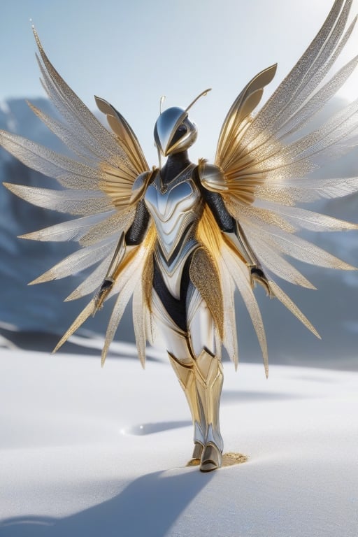 alien angel bird with filigree feathers, drops of sparkling gold, a scattering of shiny strands of rock crystal that stands in the snow, Mike Winkelman, winner of the cgsociety competition, 5 parts of unreal engine decorated with shiny gold and silver, 2 0 2 1 cinematic 4x framegrab, (unreal engine), intricate sparkling atmosphere, wings of a golden cloak folded behind his back, unreal 5 lumen engine, intricate costume design and Alphonse the Fly