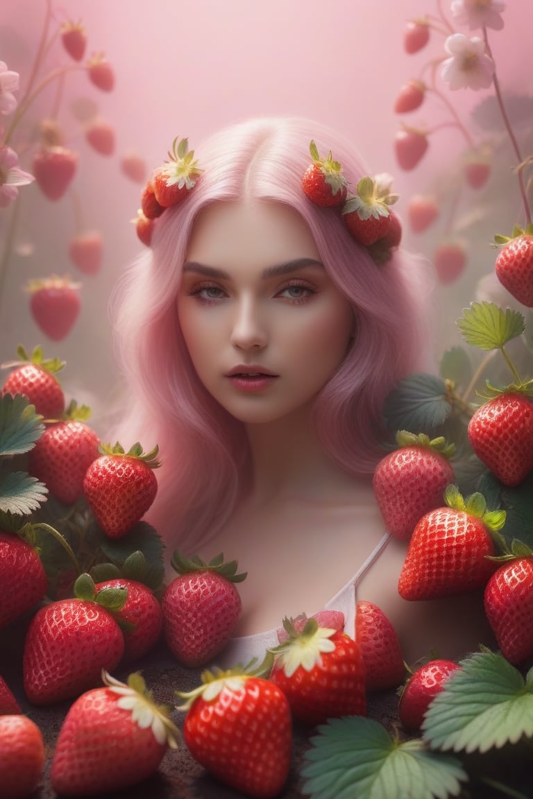 conceptual portrait, ultra realistic, art helga, art botanical, fantasy. Beautiful blooming strawberries in the background in a hazy pink haze, in the foreground are fallen berries, contrast, fantasy lighting, high resolution, high detail, fantasy, mystic, ephemeral