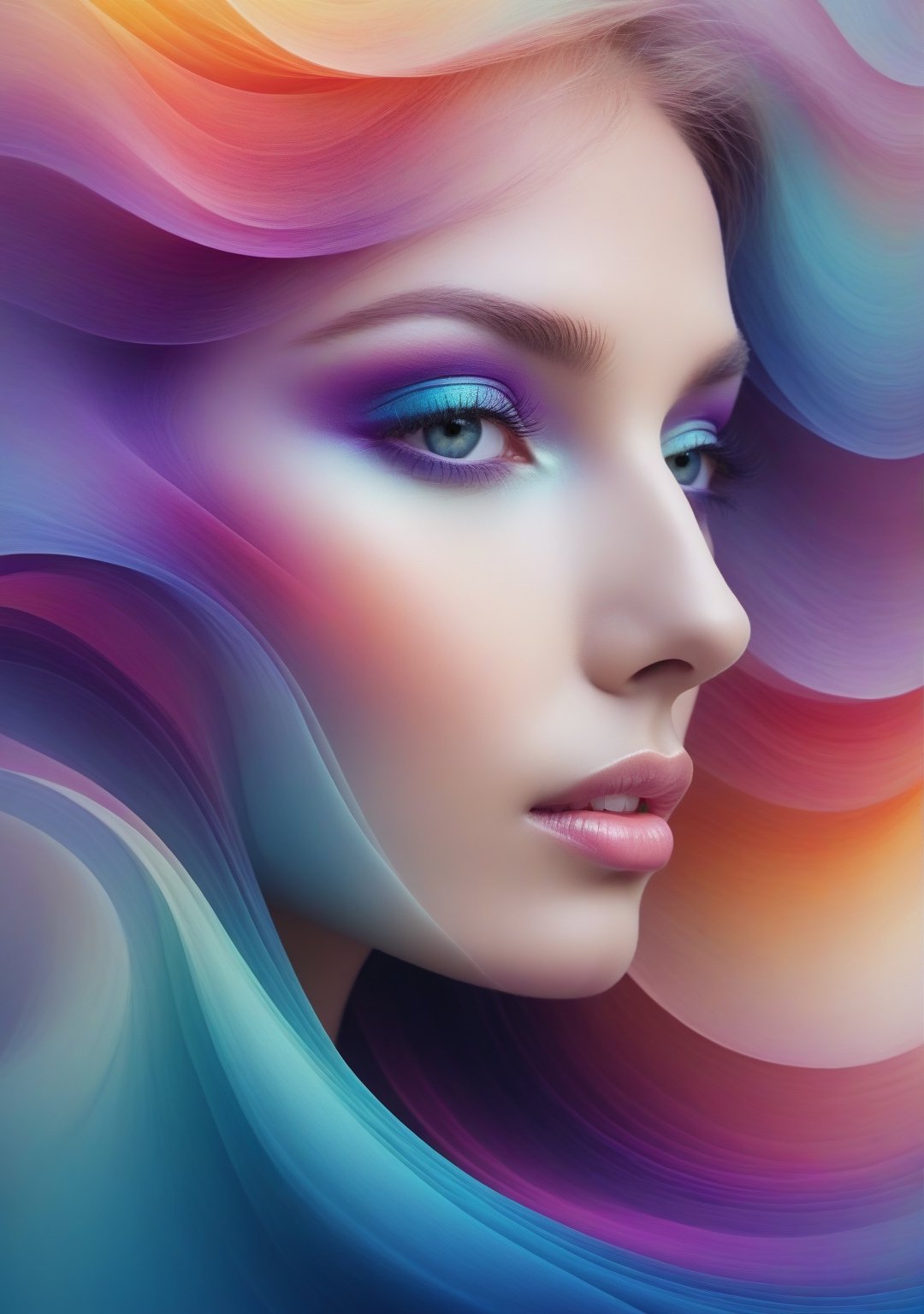 a face made of colorful waves, ethereal and dreamy, soft gradients, surrealistic style, abstract forms, profile view, high resolution, vibrant colors, translucent layers, detailed texture, digital art