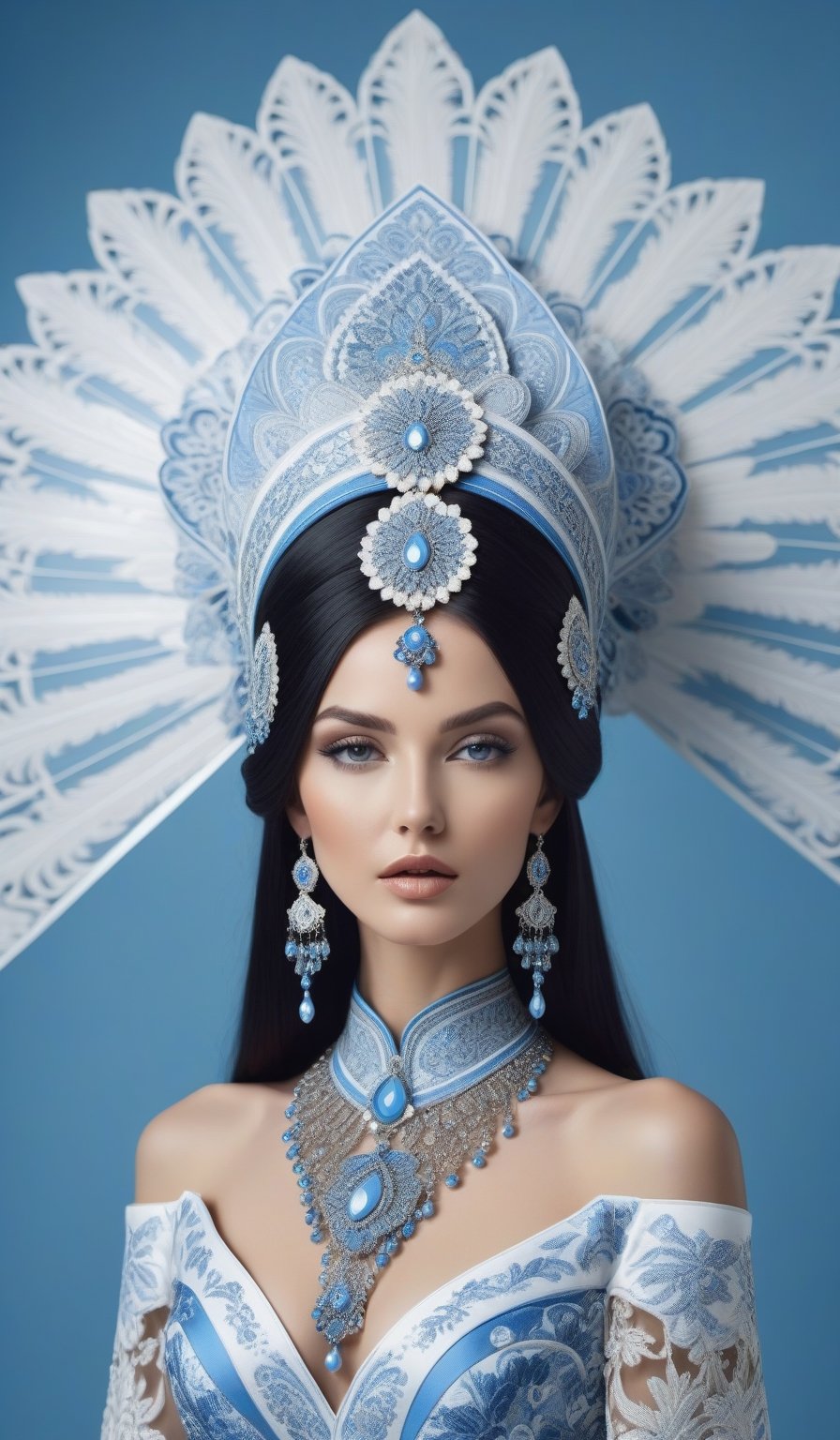 elegant, graceful female model with long black hair, in an intricate headdress and extravagant outfit, complex gzhel patterns (blue, light blue, white), neutral background, bright lighting, contrasting shadows and lights, clear details, realism, photo quality