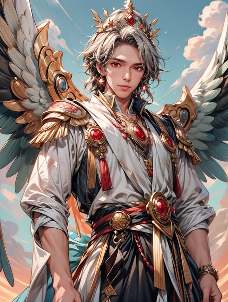 Design a 2.5D ultra HDR illustration of a handsome man wearing a crown with stunning white wings adorned with golden embellishments. Emphasize his striking red eyes. The background should feature a beautiful sky with clouds, creating a blurry CGI effect.