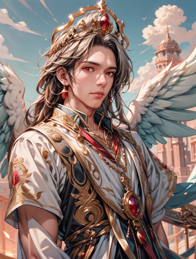 Design a 2.5D ultra HDR illustration of a handsome man wearing a crown with stunning white wings adorned with golden embellishments. Emphasize his striking red eyes. The background should feature a beautiful sky with clouds, creating a blurry CGI effect.