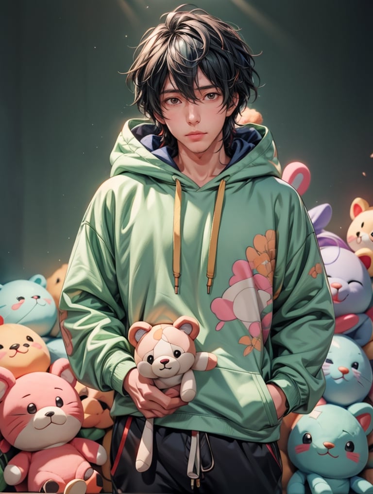 Produce an anime-style 2.5D ultra HDR realistic image of a handsome man wearing a colorful hoodie surrounded by adorable plush toys, with a perfect ray-traced light effect that adds a blurry, dreamy quality to the lighting.