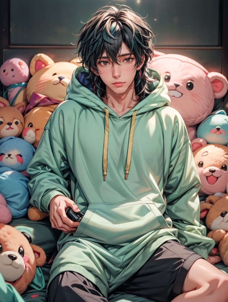 Produce an anime-style 2.5D ultra HDR realistic image of a handsome man wearing a colorful hoodie surrounded by adorable plush toys, with a perfect ray-traced light effect that adds a blurry, dreamy quality to the lighting.