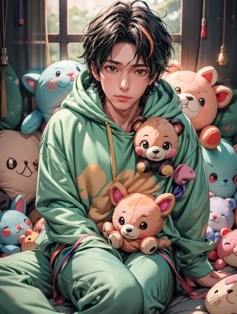 Produce an anime-style 2.5D ultra HDR realistic image of a handsome man wearing a colorful hoodie surrounded by adorable plush toys, with a perfect ray-traced light effect that adds a blurry, dreamy quality to the lighting.