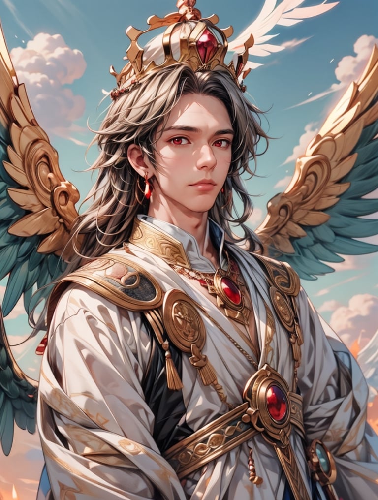 Design a 2.5D ultra HDR illustration of a handsome man wearing a crown with stunning white wings adorned with golden embellishments. Emphasize his striking red eyes. The background should feature a beautiful sky with clouds, creating a blurry CGI effect.