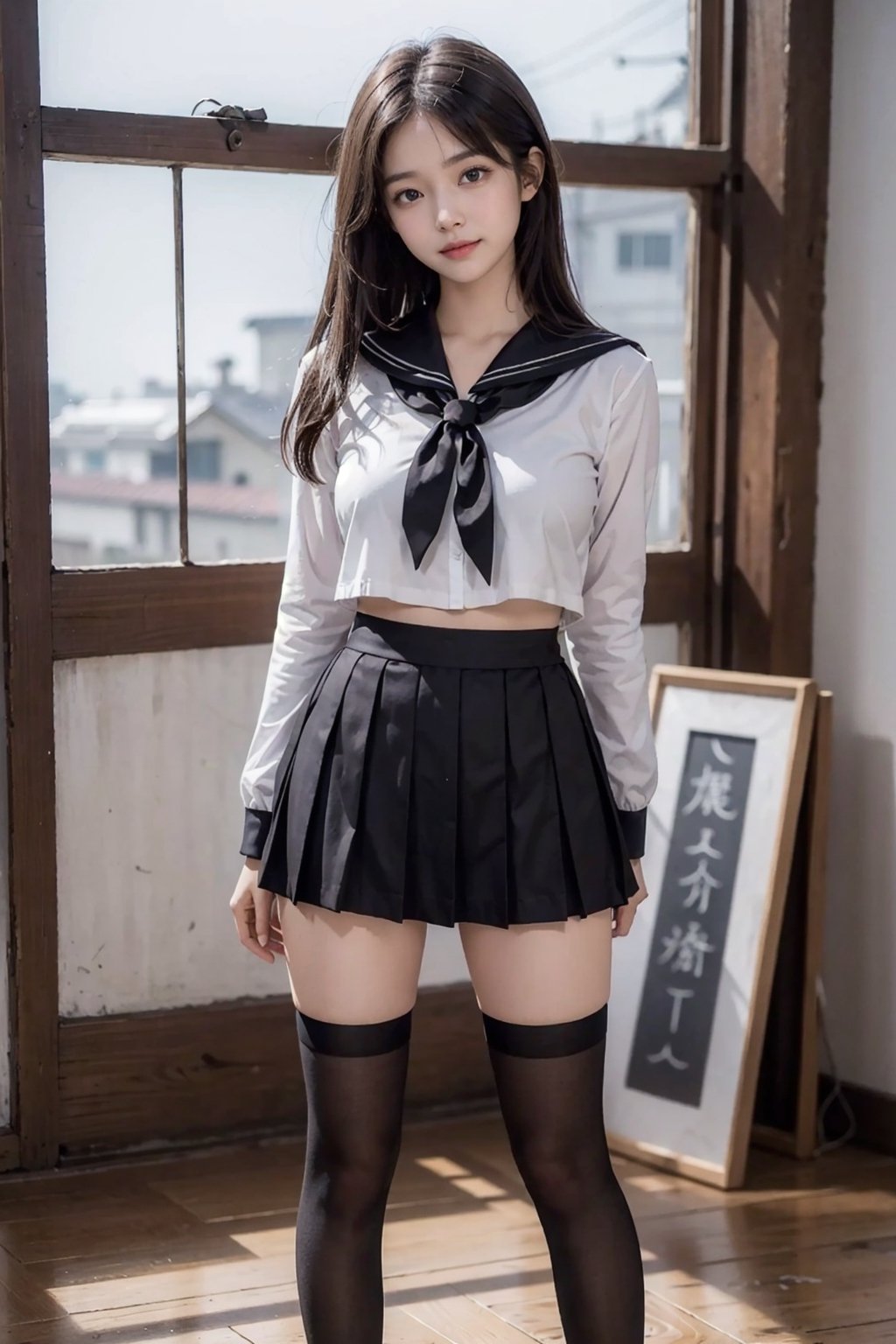 (masterpiece),  1girl,  smile, ,light particles,  ,random,masterpiece,hk_girl,  full_body: 1.1,girl, solo , full body, lustful eye , front view, real girl, 18 years old Japanese girl , very small sailor black school girl uniform ,lingerie, Premium Women's Back Seam Thigh High, very short skirt,,shy innocent face , in old abandoned clothing factory, black hair with highlighting, visible skin detail, skin fuzz, glossy skin, natural_lighting , Detailedface,school uniform,inverted nipples,best quality,coverc,sagging white cotton underwear Panties, breasts,nipples,pussy,cameltoe,Breasts 