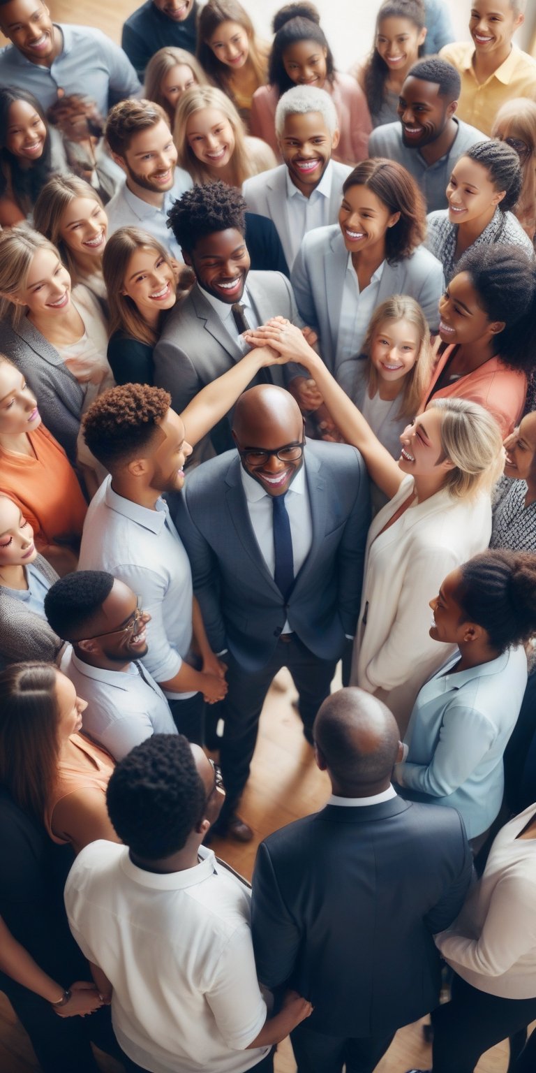 Create an image of a person surrounded by a supportive community of friends, mentors, and colleagues. They are engaged in uplifting conversations, exchanging ideas, and motivating each other to reach their full potential.