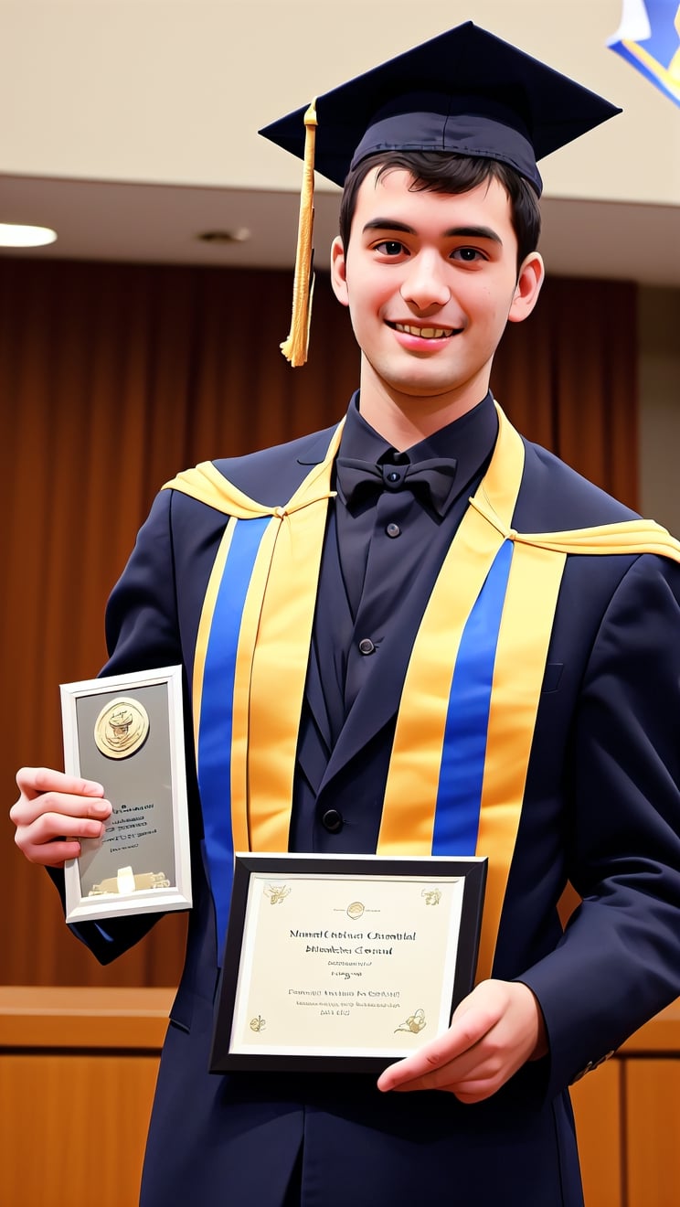 man receiving an award in university.