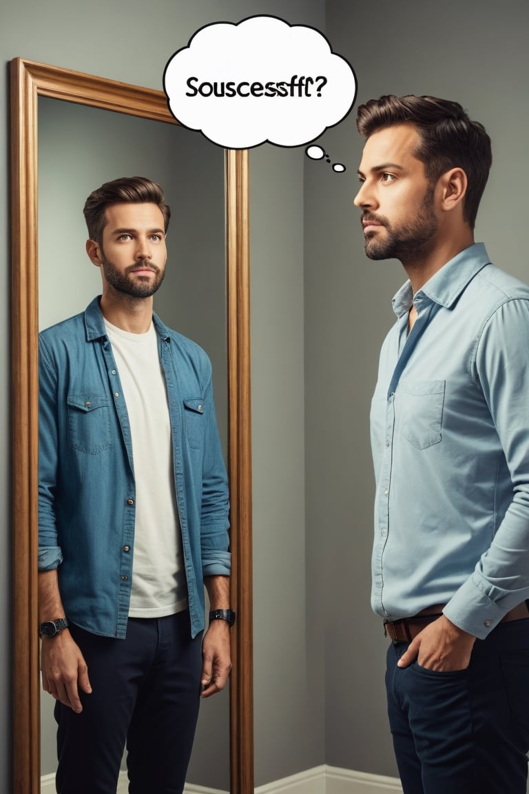 man standing in front of a mirror, with a confident expression and a thought bubble showing a successful version of themselves.
