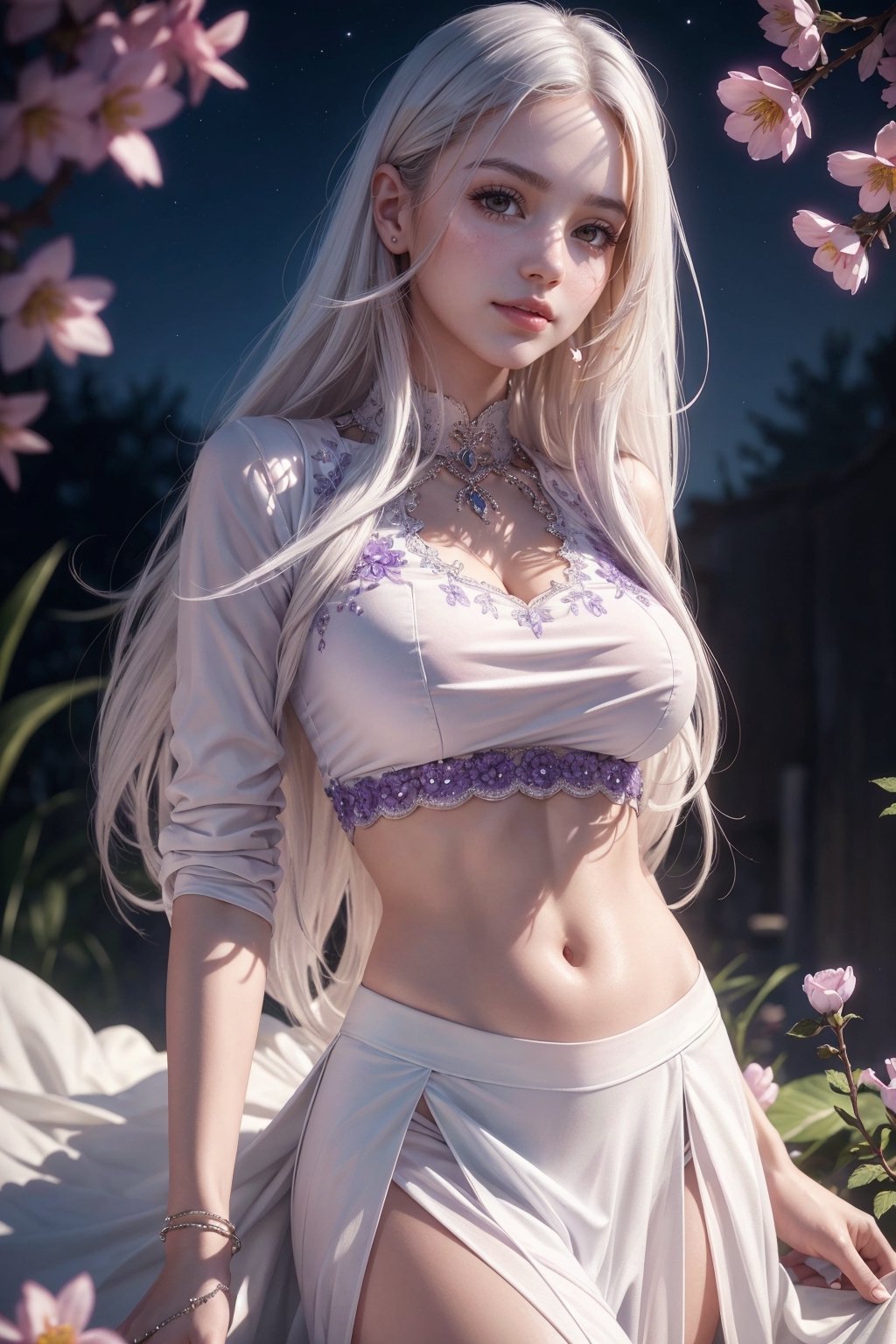 (best quality, realistic:1.2), ultra-detailed, professional, vivid colors, portrait, beautiful detailed eyes, beautiful detailed lips, long eyelashes, flowing white hair, seductive pose, purple glowing eyes, fashionable crop top, flowing skirt, soft parted lips, natural blush, night scene, blooming flowers, warm sunlight,