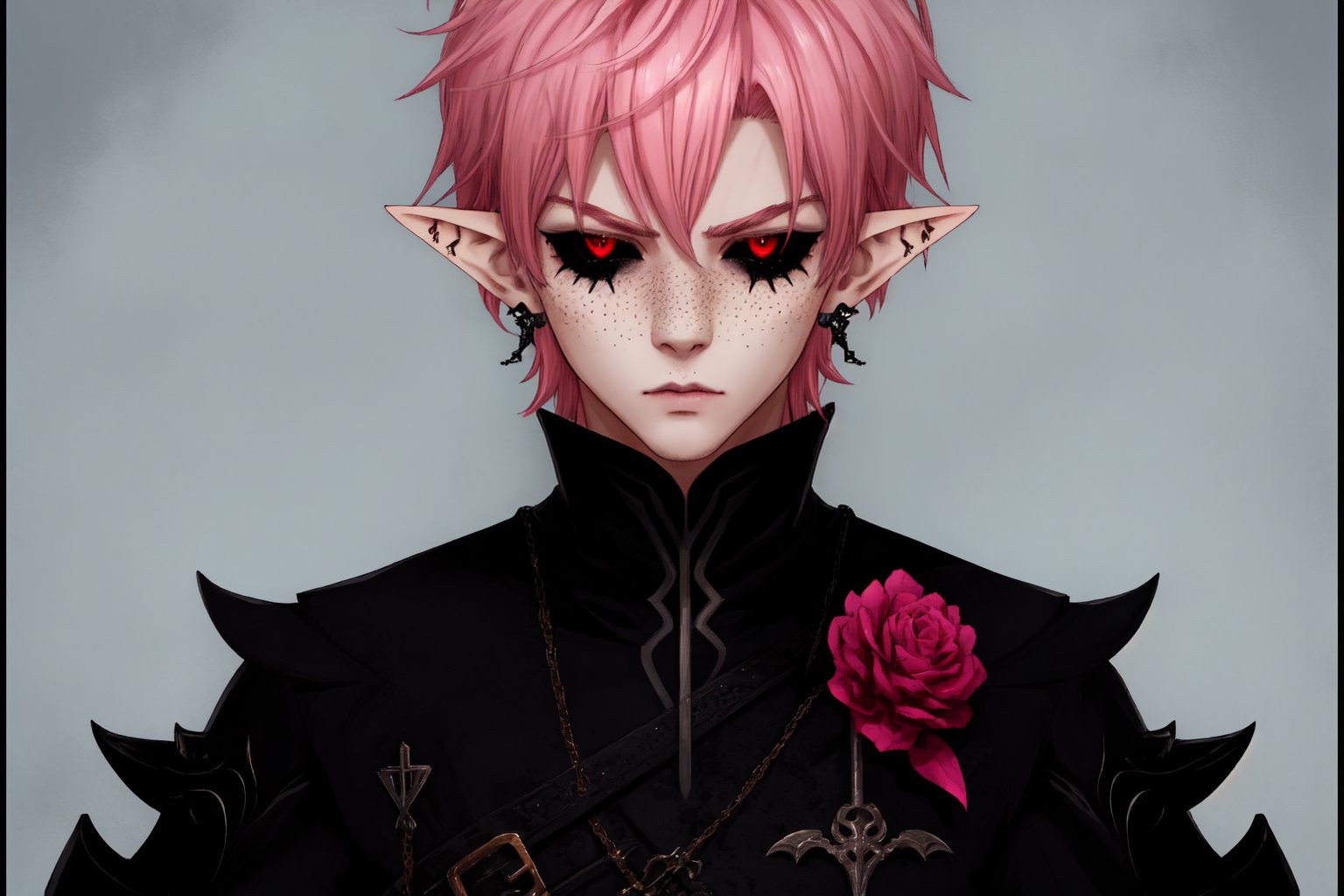  1 man, male face , short pink hair, twink body, freckles face , kawaii ,perfect light , elf ear,fantasy clothing,wrenchftmfshn,Completely_black_eyes,dark_sclera,empty eyes,black sclera ,vtuber-fullbody