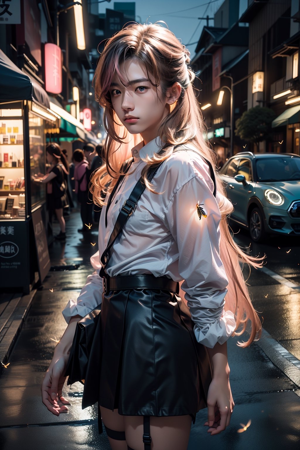  1 japanese man, male face , at night in the city ,cute man ,blue eyes and a pink long hair , kawaii , wearing mini skirt, harness, side bag, stockings BREAK,firefliesfireflies