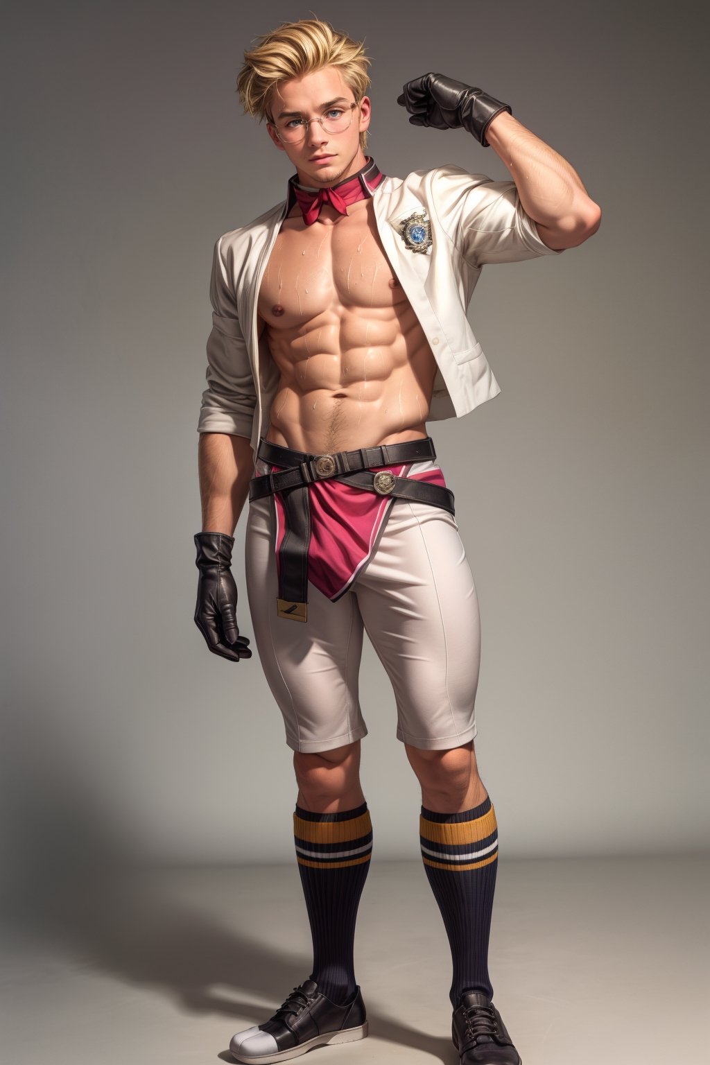 1 man,  blonde medium hair man , full body , blue eyes, man body, sweaty body , sexy face, pink florest backwards  ,  male chest   ,ranoa magic academy school uniform , high gloves , high socks , glasses 