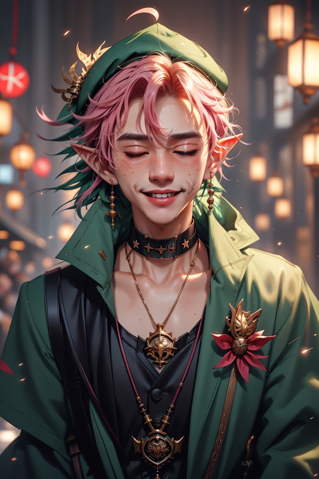 1 man, twink body, closed eyes,short pink hair, freckles face,   , kawaii  , elf ear ,A Asian man  , adorned with a sexy choker,wrenchftmfshn,fantasy clothing,Light particles  , ventidef, beret,venti (genshin impact) , harness,glasglow_smile,cut_cheks