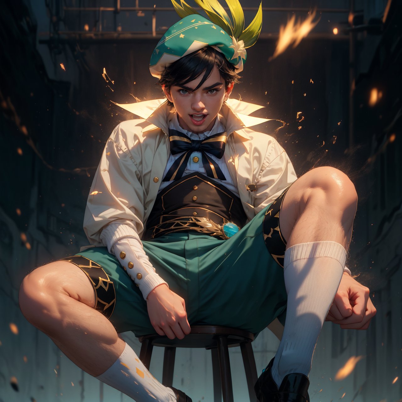  1 man, male face , twink body,open mouth, freckles face,  ,green eyes  , kawaii,tongue out ,ventidef, beret,venti (genshin impact),r1ge , big white sock ,