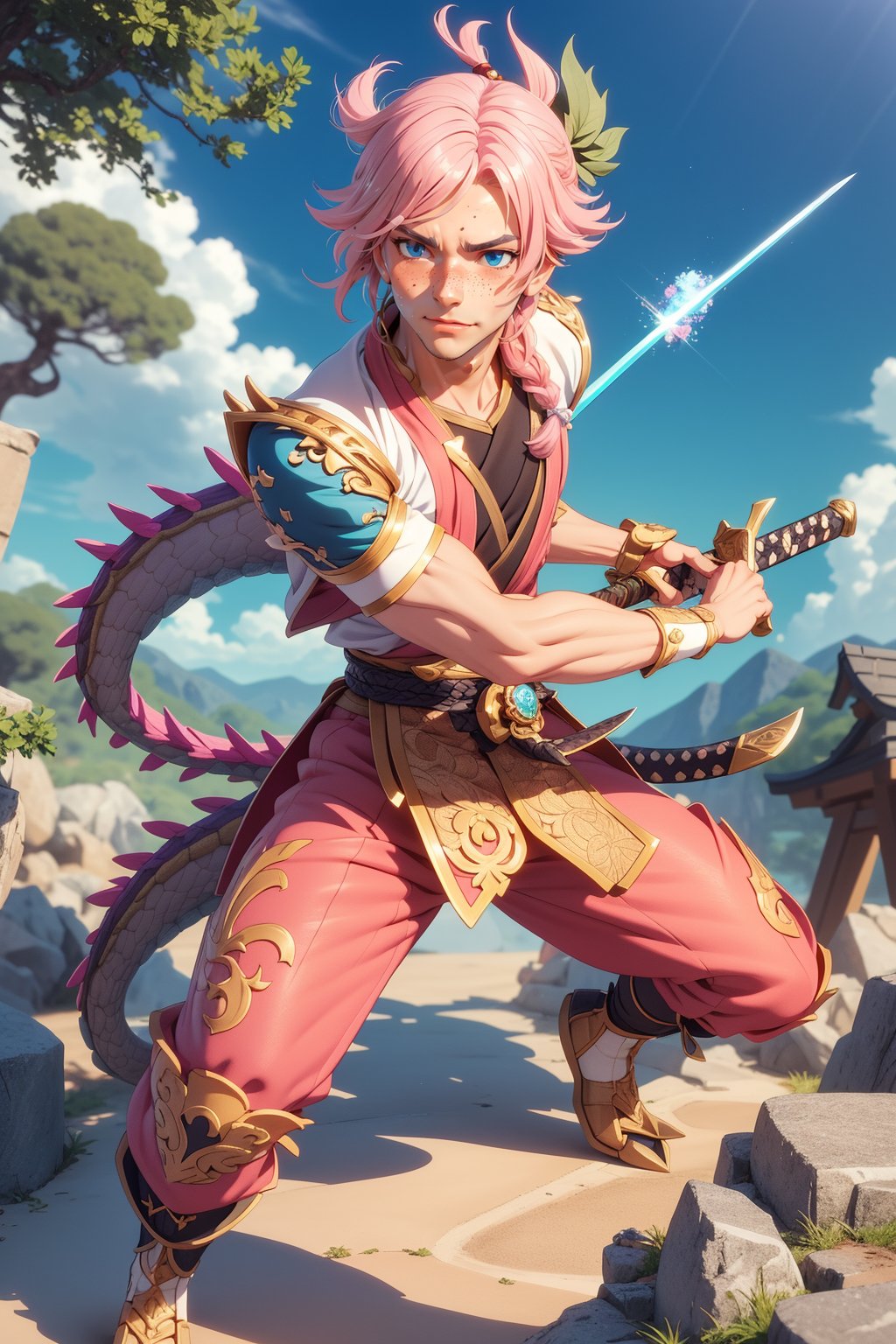  1 man, male face , braid pink hair, perfect male body posing with swords in hand, freckles face  , blue eyes  , kawaii ,ventidef, beret,venti (genshin impact),battoujutsu,dwarfoil,3d animation,ancient dragon