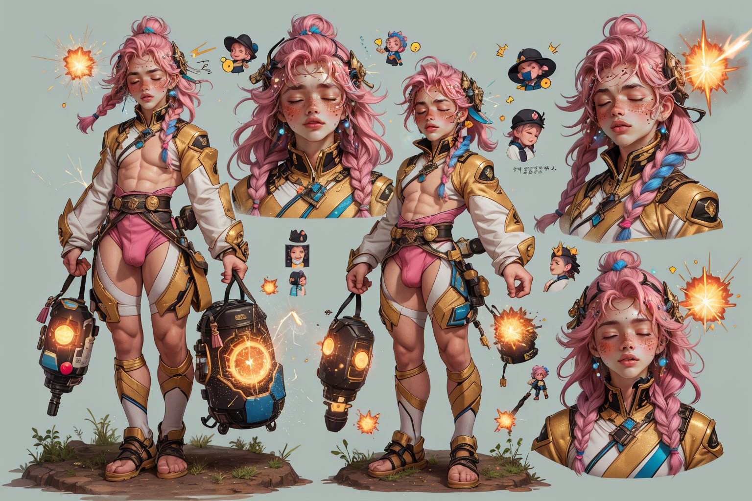  1 man, male face , braid pink hair, twink body, freckles face, ,closed eyes  , kawaii ,perfect light,(CharacterSheet:1),(multiple views, full body, upper body, reference sheet:1),Light particles and spark