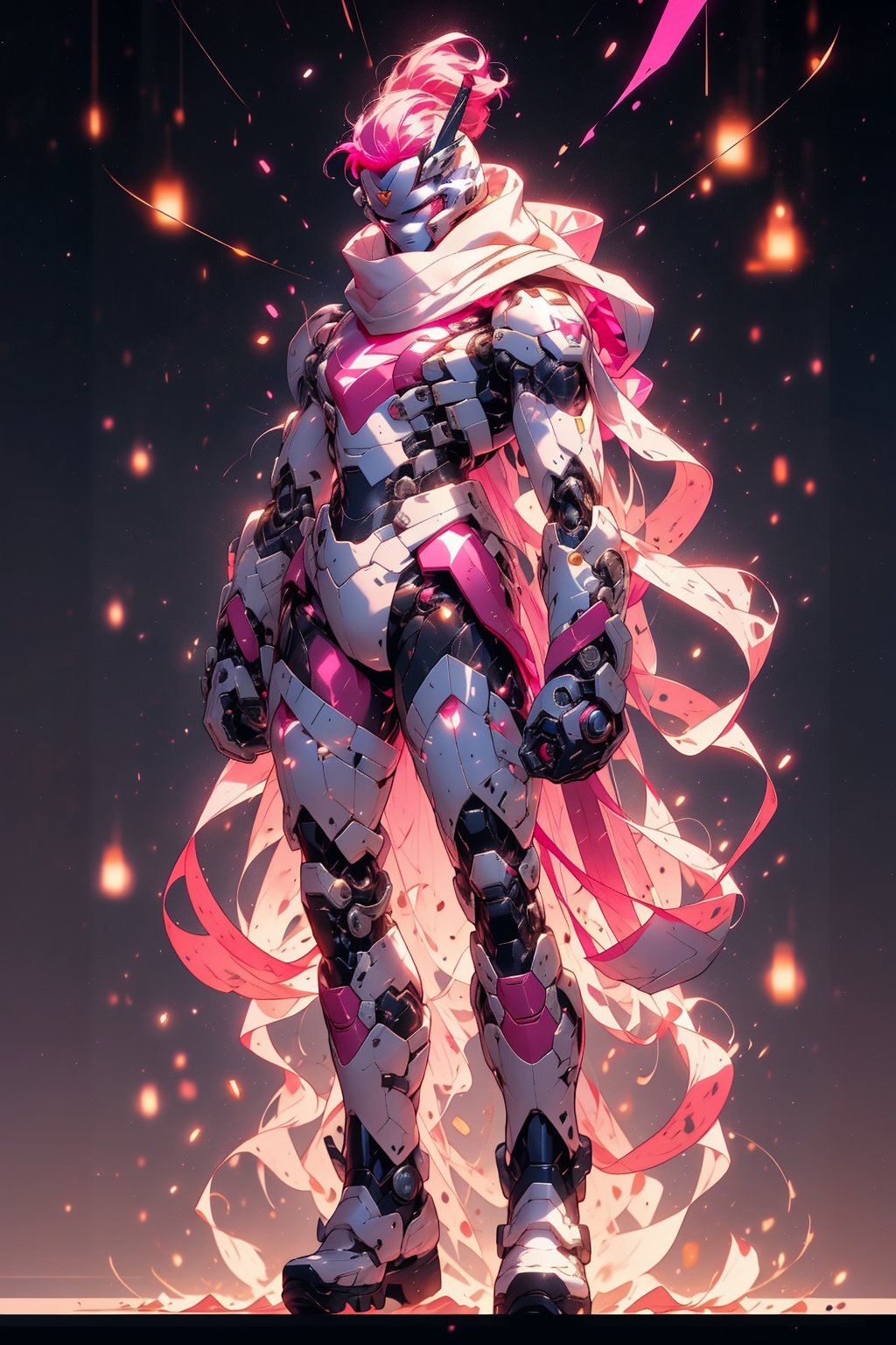  1 man, male face , short white hair, twink body, freckles face ,closed eyes  , kawaii ,perfect light,ruanyi0288,pink bodysuit,boots,mecha, a big white scarf,r1ge,(CharacterSheet:1),(multiple views, full body, upper body, reference sheet:1)