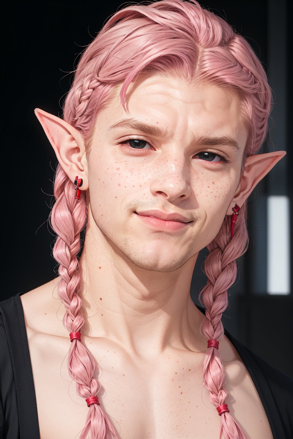  1 man, male face , braid pink hair, twink body, freckles face , kawaii ,perfect light , elf ear,fantasy clothing,wrenchftmfshn,Completely_black_eyes,dark_sclera,empty eyes,black sclera , intense smile