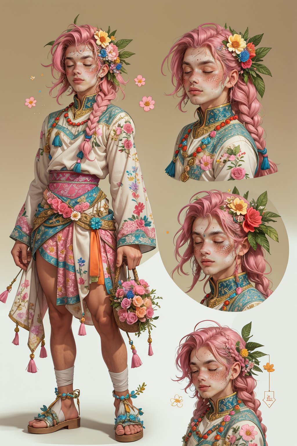  1 man, male face , braid pink hair, twink body, freckles face, ,closed eyes  , kawaii ,perfect light,(CharacterSheet:1),(multiple views, full body, upper body, reference sheet:1),beaded flower decoration