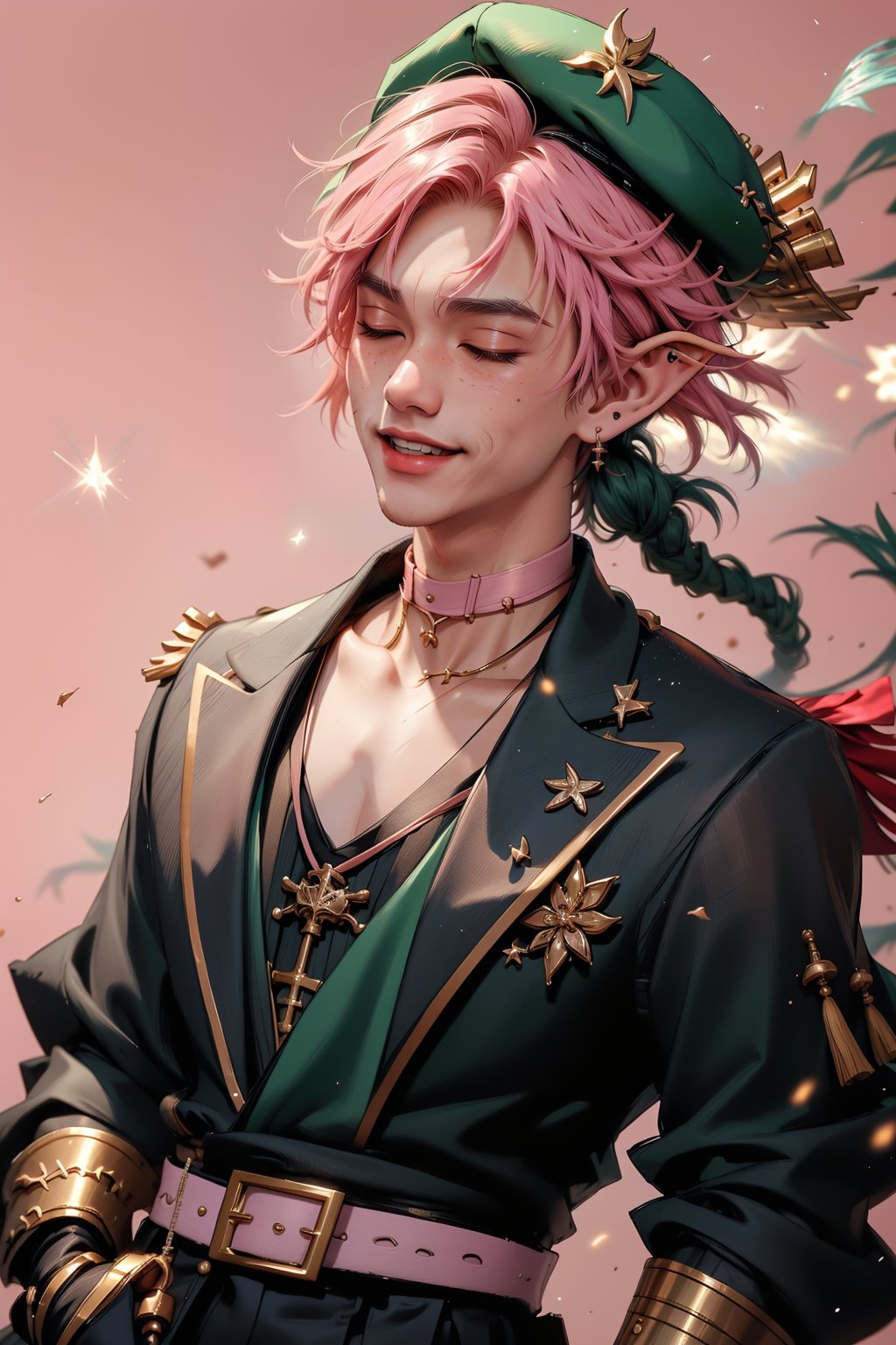 1 man, twink body, closed eyes,short pink hair, freckles face,   , kawaii  , elf ear ,A Asian man  , adorned with a sexy choker,wrenchftmfshn,fantasy clothing,Light particles  , ventidef, beret,venti (genshin impact) , harness,glasglow_smile,cut_cheks