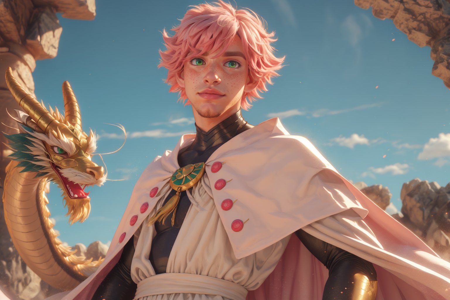  1man, male face , short pink hair, twink body, freckles face, ,green eyes  , kawaii ,white cape white robe,3d animation,ancient dragon,