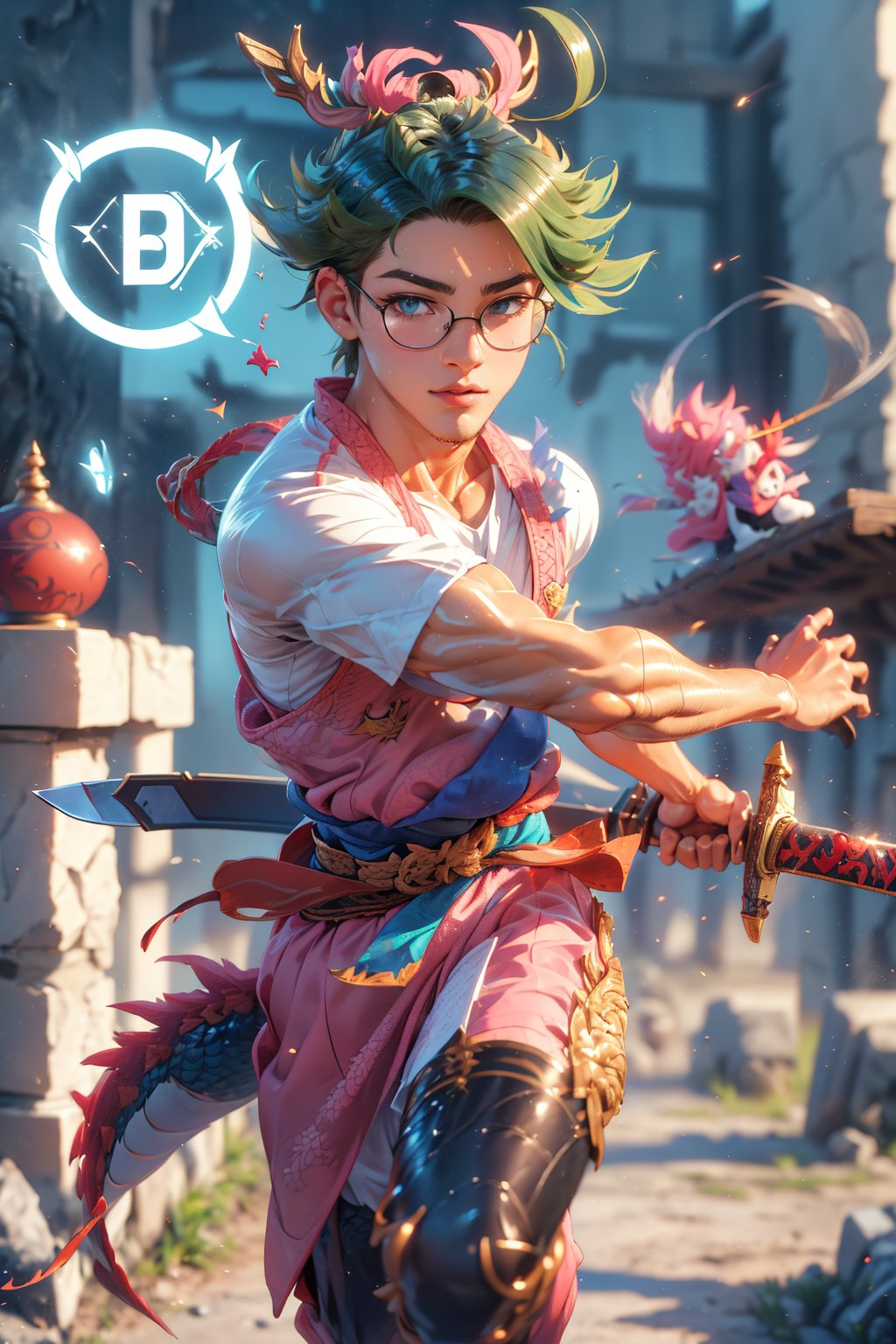  1 man, male face , pink samurai bun hair, twink body, big round glasses, perfect male body posing with swords in hand, freckles face  , blue eyes  , kawaii ,ventidef, beret,venti (genshin impact),battoujutsu,dwarfoil,3d animation,ancient dragon