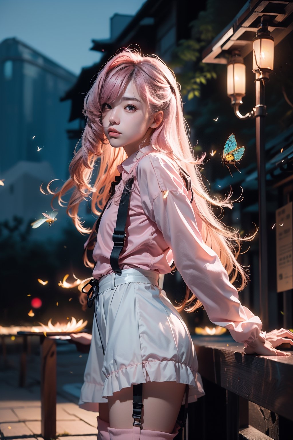  1 japanese man, pink long hair, male face , at night in the city ,cute man ,blue eyes and a pink long hair , kawaii , wearing mini skirt, harness, stockings BREAK,firefliesfireflies