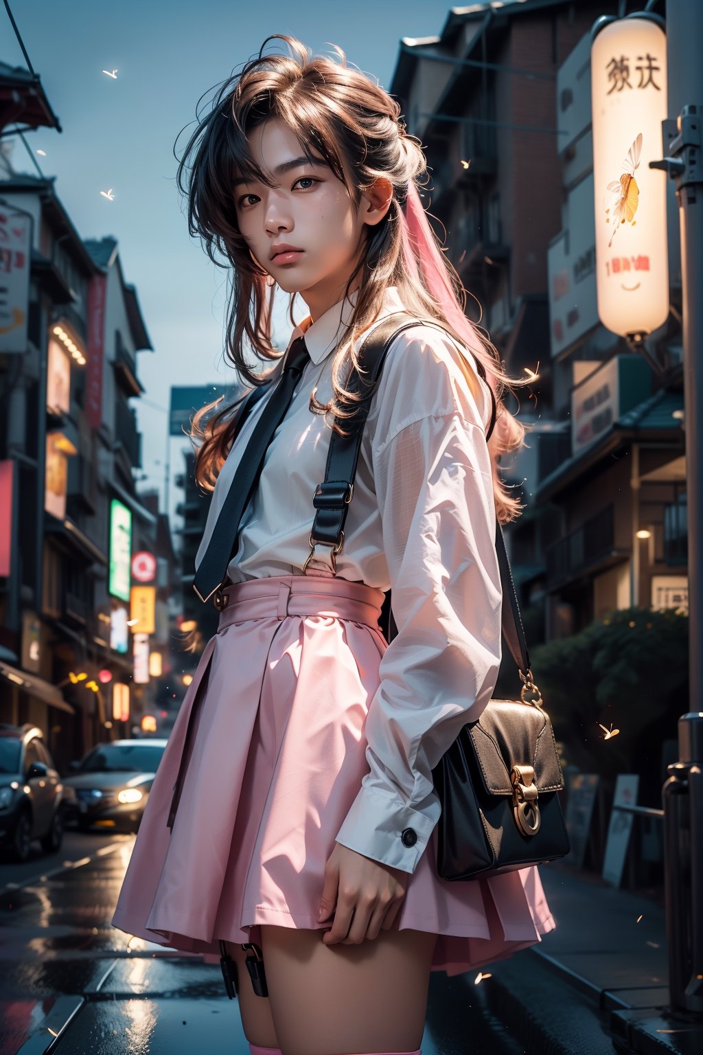  1 japanese man, male face , at night in the city ,cute man ,blue eyes and a pink long hair , kawaii , wearing mini skirt, harness, side bag, stockings BREAK,firefliesfireflies