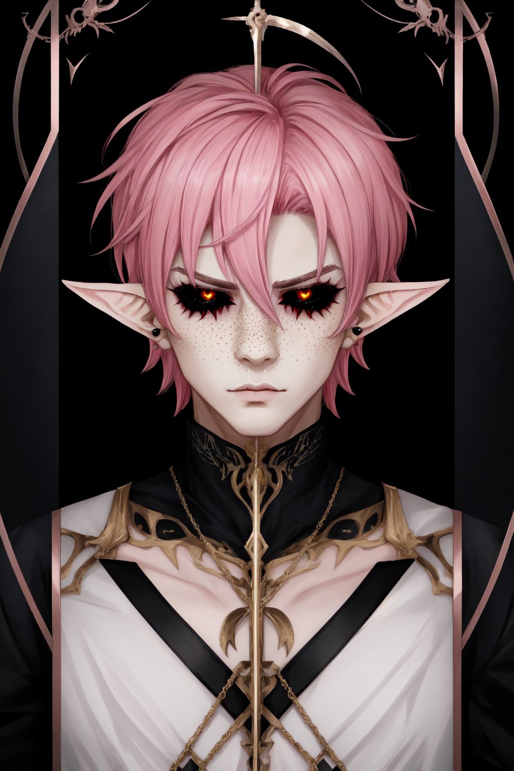  1 man, male face , short pink hair, twink body, freckles face , kawaii ,perfect light , elf ear,fantasy clothing,wrenchftmfshn,Completely_black_eyes,dark_sclera,empty eyes,black sclera ,vtuber-fullbody