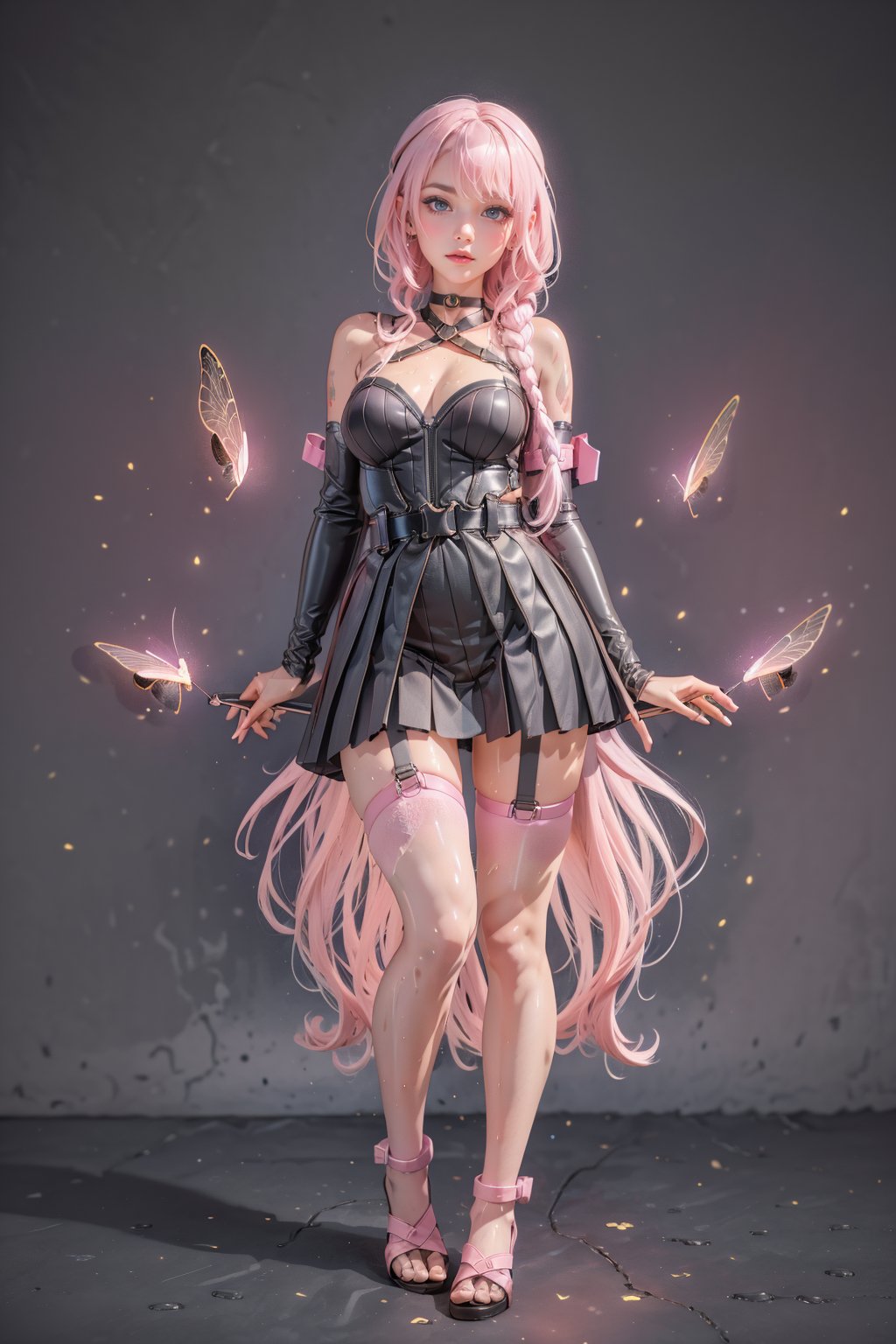 1woman, braid long pink hair man ,  full body , blue eyes, sweaty body ,wearing skirt, harness, stockings BREAK ,sexy face, pink florest backwards , sexy choker  , ,ruanyi0220,firefliesfireflies,fox shadow puppet