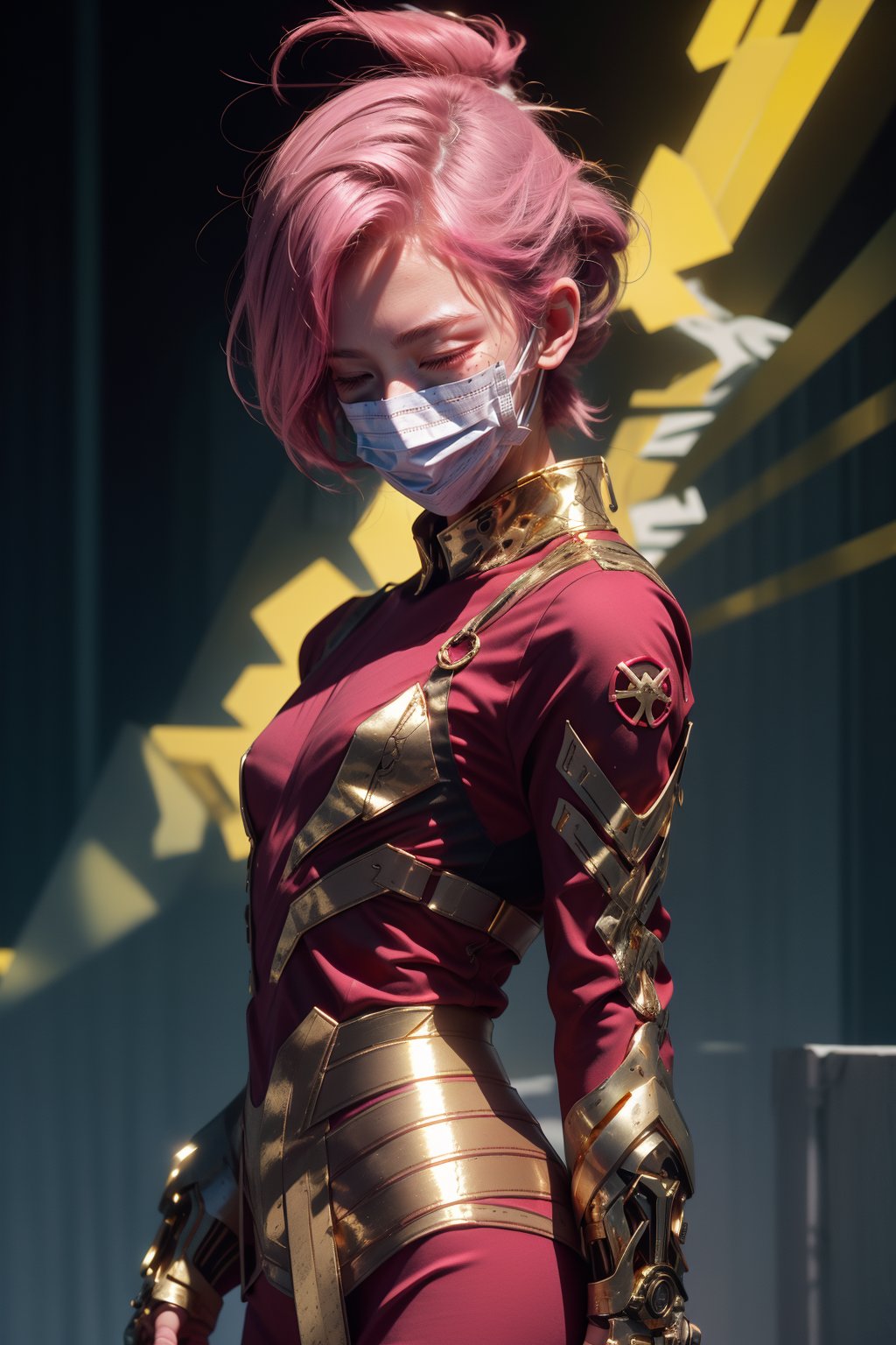 1man  , pink hair, twink body, freckles face   , detailed skin. trendy hairstyle, closed eyes, Heleans a little, standing, medium long shot, luxurious library in background, tender smile,blindmask,blind mask,gold mask,halo mask