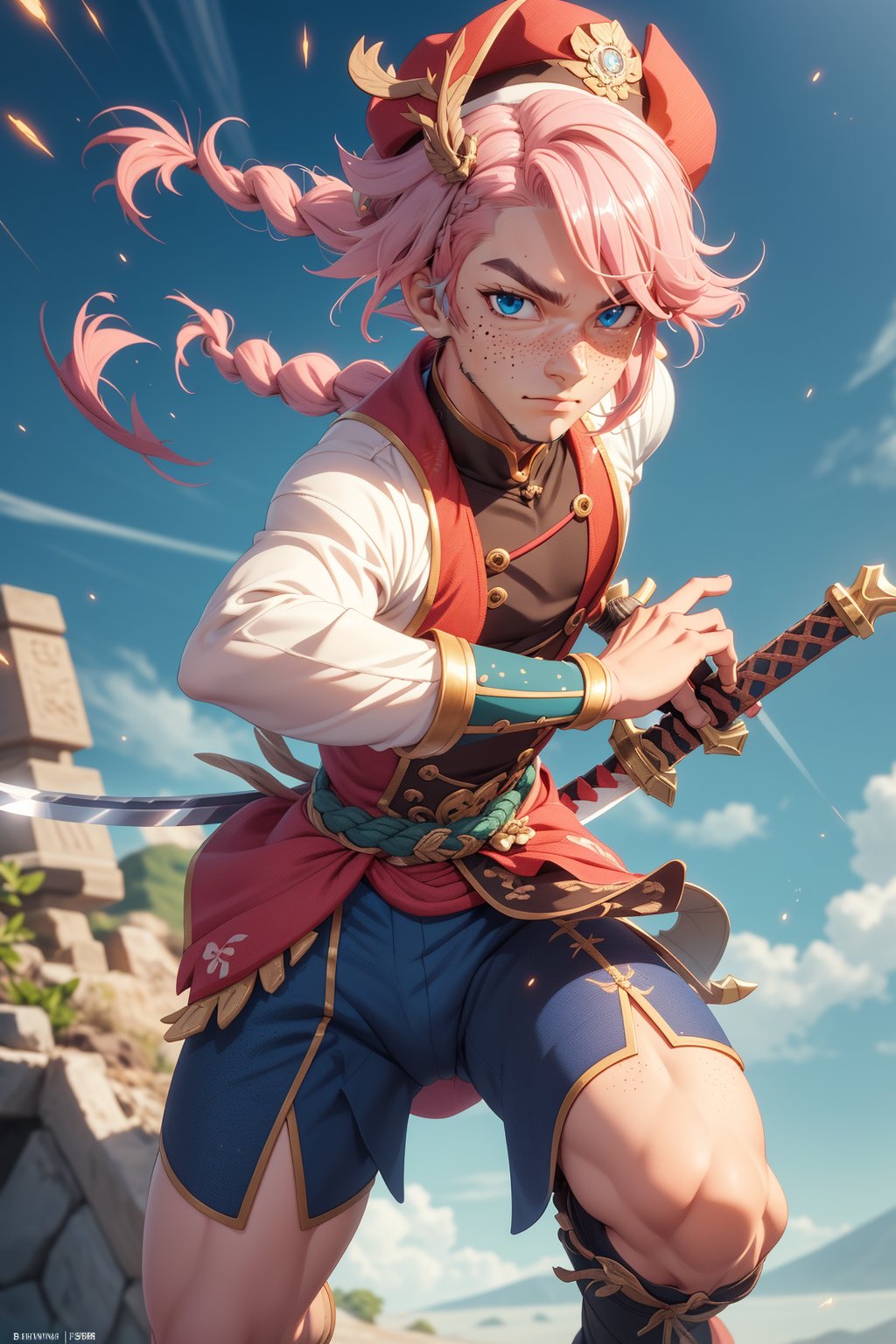  1 man, male face , braid pink hair, perfect male body posing with swords in hand, freckles face  , blue eyes  , kawaii ,ventidef, beret,venti (genshin impact),battoujutsu,dwarfoil,3d animation,ancient dragon