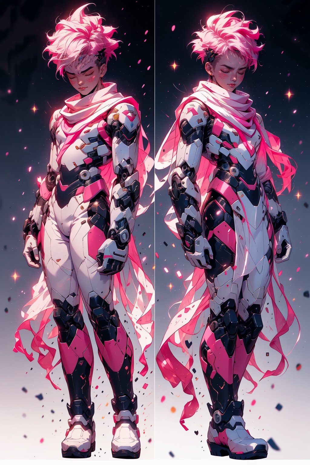  1 man, male face , short white hair, twink body, freckles face ,closed eyes  , kawaii ,perfect light,ruanyi0288,pink bodysuit,boots,mecha, a big white scarf,r1ge,(CharacterSheet:1),(multiple views, full body, upper body, reference sheet:1)