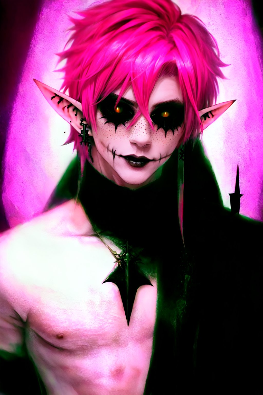  1 man, male face , short pink hair, twink body, freckles face , kawaii ,perfect light , elf ear,fantasy clothing,wrenchftmfshn,Completely_black_eyes,dark_sclera,empty eyes,black sclera ,glasglow_smile,cut_cheks