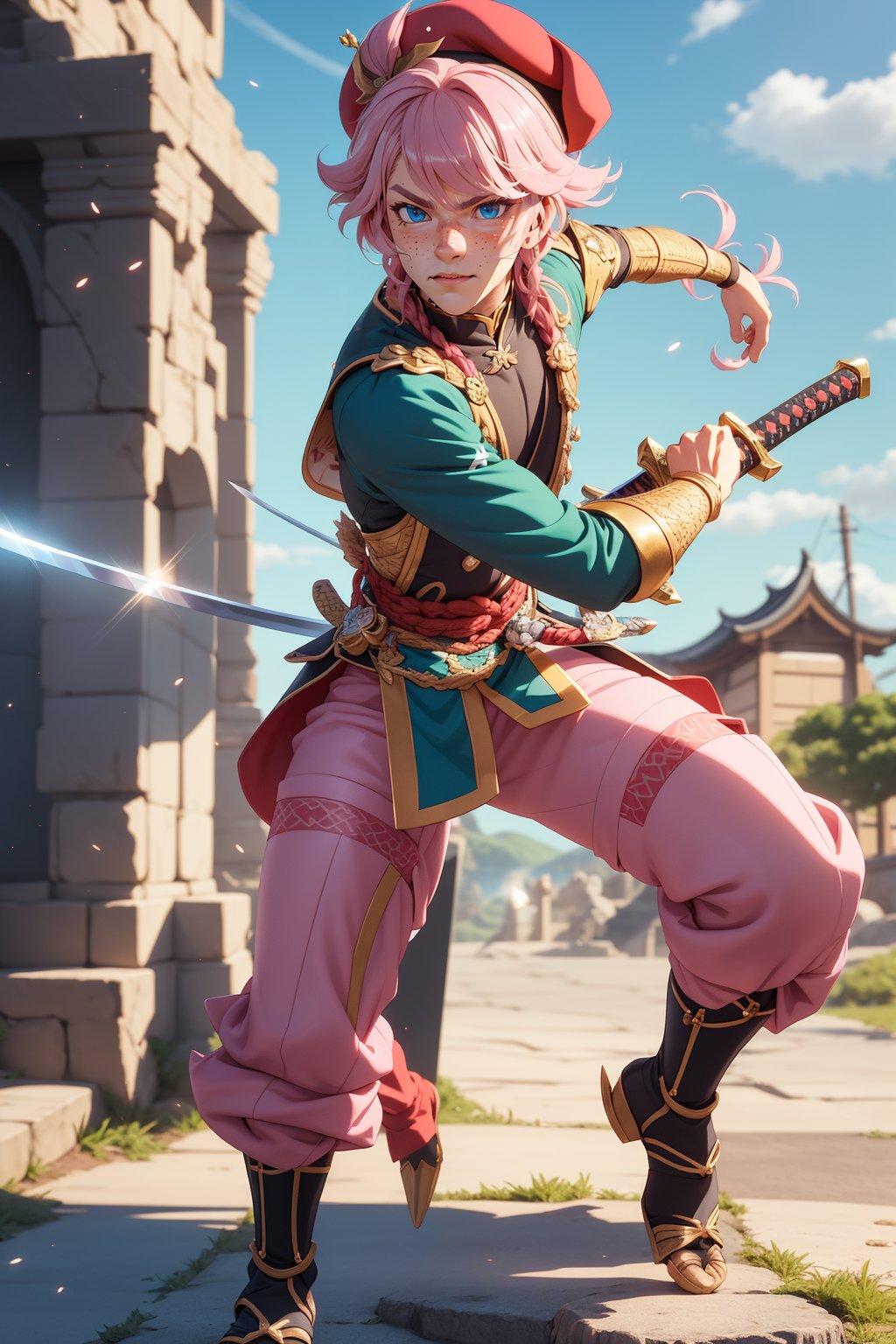  1 man, male face , braid pink hair, perfect male body posing with swords in hand, freckles face  , blue eyes  , kawaii ,ventidef, beret,venti (genshin impact),battoujutsu,dwarfoil,3d animation,ancient dragon