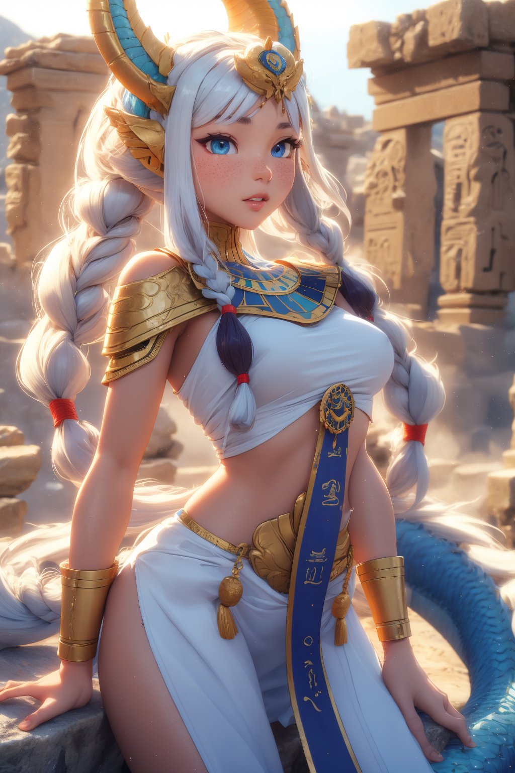  1woman , white long braid hair, freckles face  , blue eyes  , kawaii ,3d animation,ancient dragon ,egyptian clothes , no dragon in the image